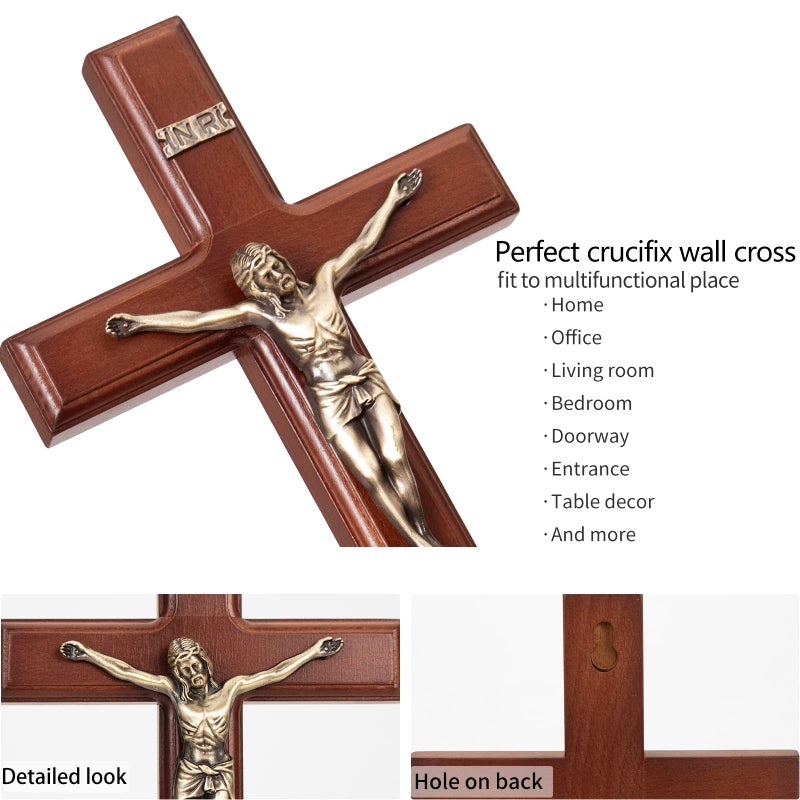 ARCHOBAN Crucifix Wall Cross Catholic, 12 Inch Wooden Cross with Jesus Christ for Home Decor - Brown + Antique Brass - Image 3