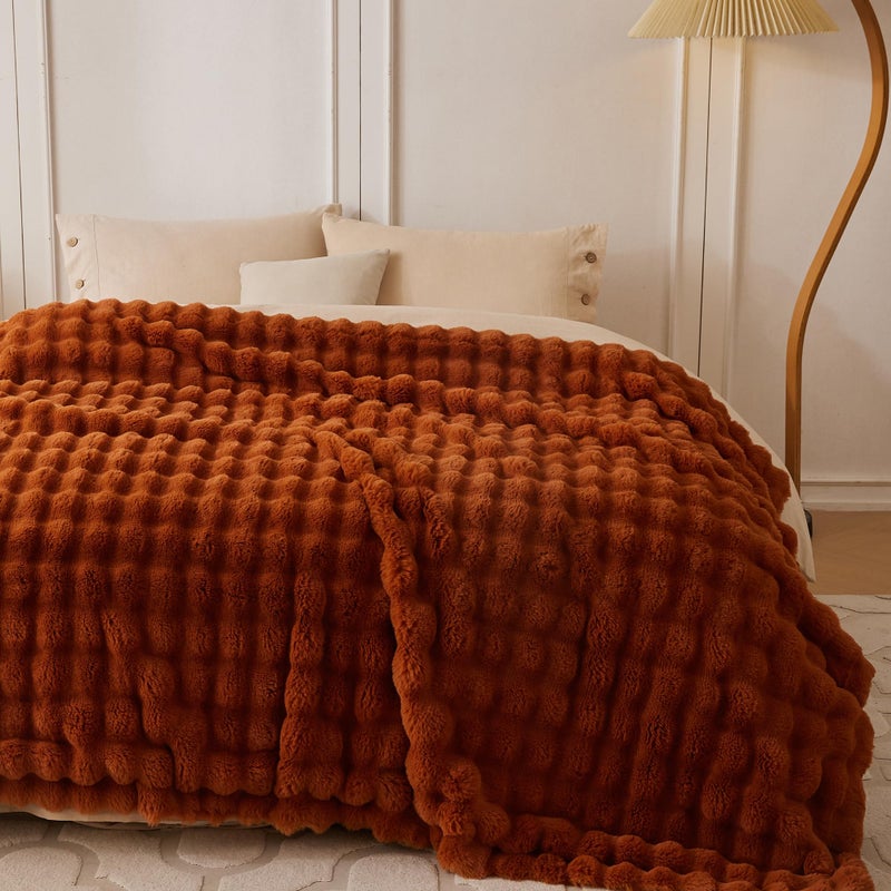 COOVA Faux Fur Throw Blanket for Couch, Cozy Soft and Fuzzy Plush Rabbit Fur Bubble Blanket for Sofa Bedroom Living Room, 50x60 Inches Brown - Image 3