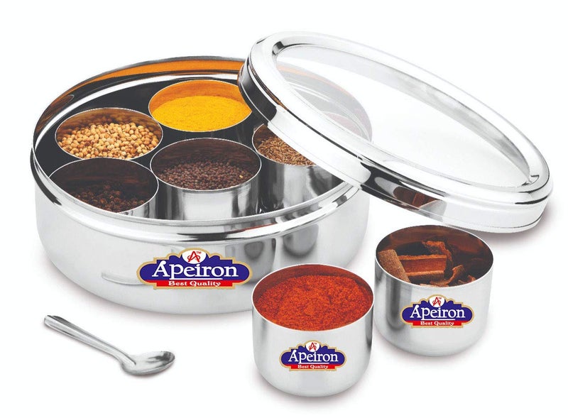 Apeiron Stainless Steel Neelam Masala dabba | Spice Container | Spice Box | 7 Container | With Lid | See Through | Silver… - Image 1