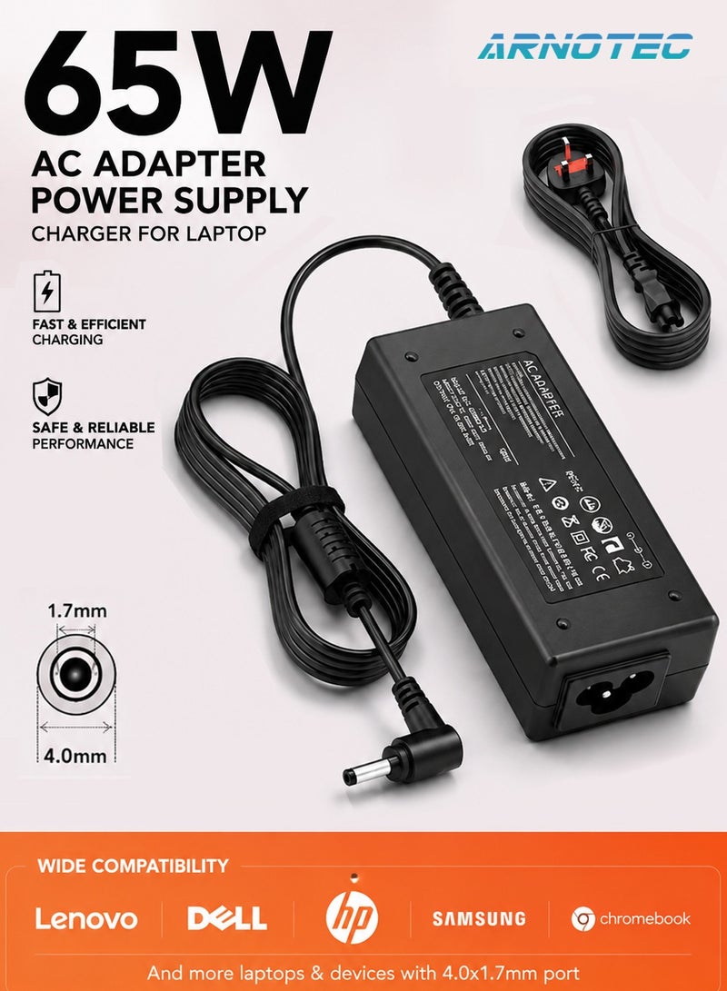 ARNOTEC 20V 65W Laptop Charger for Lenovo, Replacement AC Adapter Ideapad, 3 5 320 310 320S 330 330S 110 110S 120S, Ideapad Flex 4 5 6 ADl45WCD 330S-15Ikb Yoga 520 530 Power Supply Cord-（4.0x1.7mm）Port - Image 1