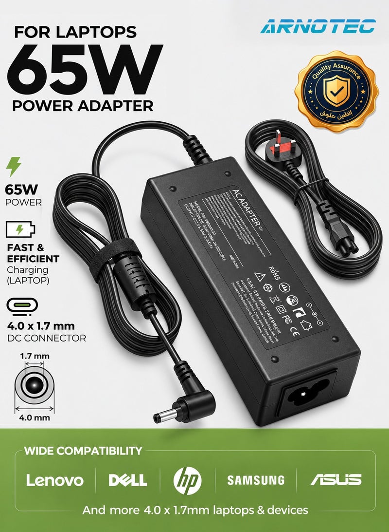 ARNOTEC 20V 65W Laptop Charger for Lenovo, Replacement AC Adapter Ideapad, 3 5 320 310 320S 330 330S 110 110S 120S, Ideapad Flex 4 5 6 ADl45WCD 330S-15Ikb Yoga 520 530 Power Supply Cord-（4.0x1.7mm）Port - Image 1