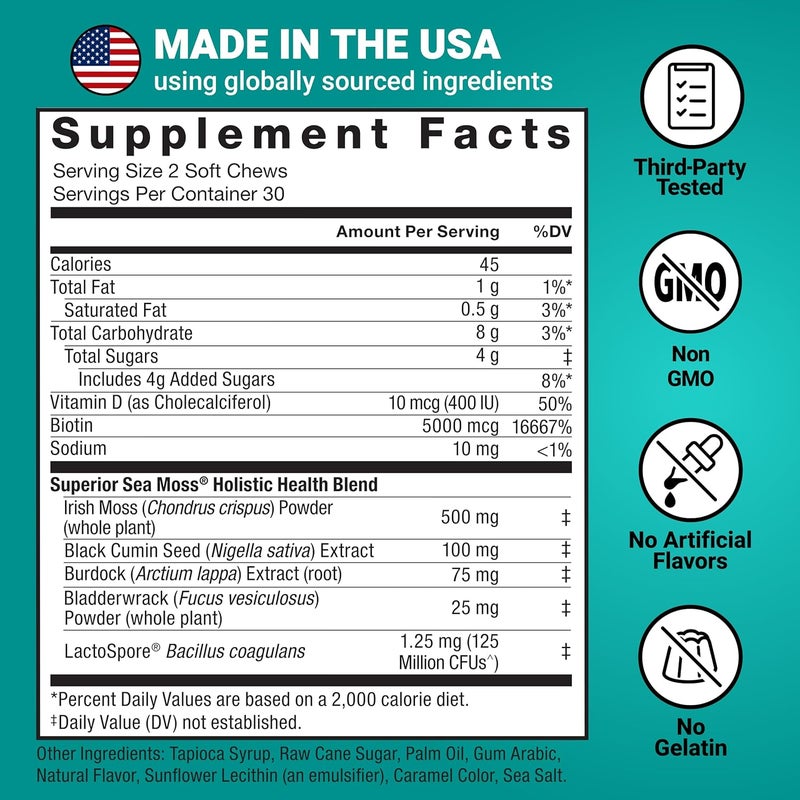 FORCE FACTOR Superior Sea Moss Gut Health  Skin Support Support Gut Health  Healthy Skin Hair  Nails Boost Energy  Immune Health with Biotin  LactoSpore Probiotics SMores 60 Soft Chews - Image 5