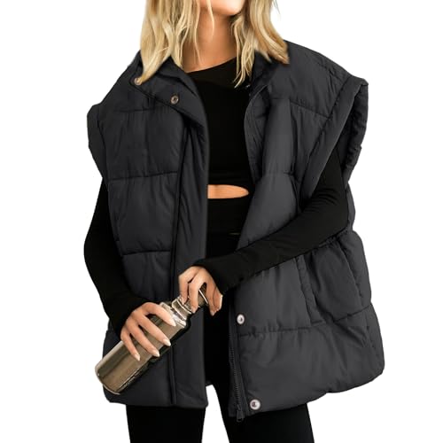 Songling Womens Oversized Puffer Vest Stand Collar Full Zip Sleeveless Bubble Puffer Vest Quilted Padded Warm Coat Outwear (Black,M) - Image 1