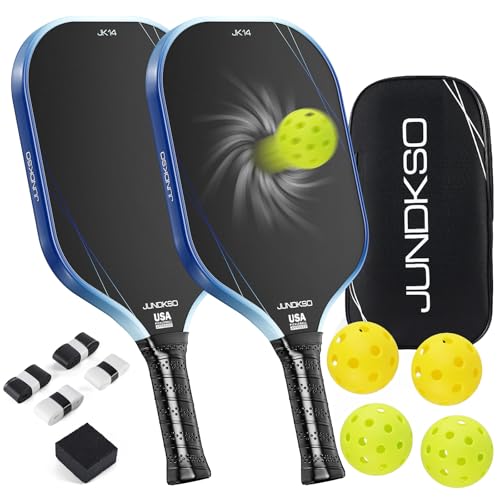 JUNDKSO Pickleball Paddles Set of 2 Carbon Fiber Pickle Ball Paddle Composite USAPA Approved Pickle Racket 14mm Lightweight Honeycomb Core with Strong Spin Mens and Womens Outdoor Indoor Game Set Blue - Image 1