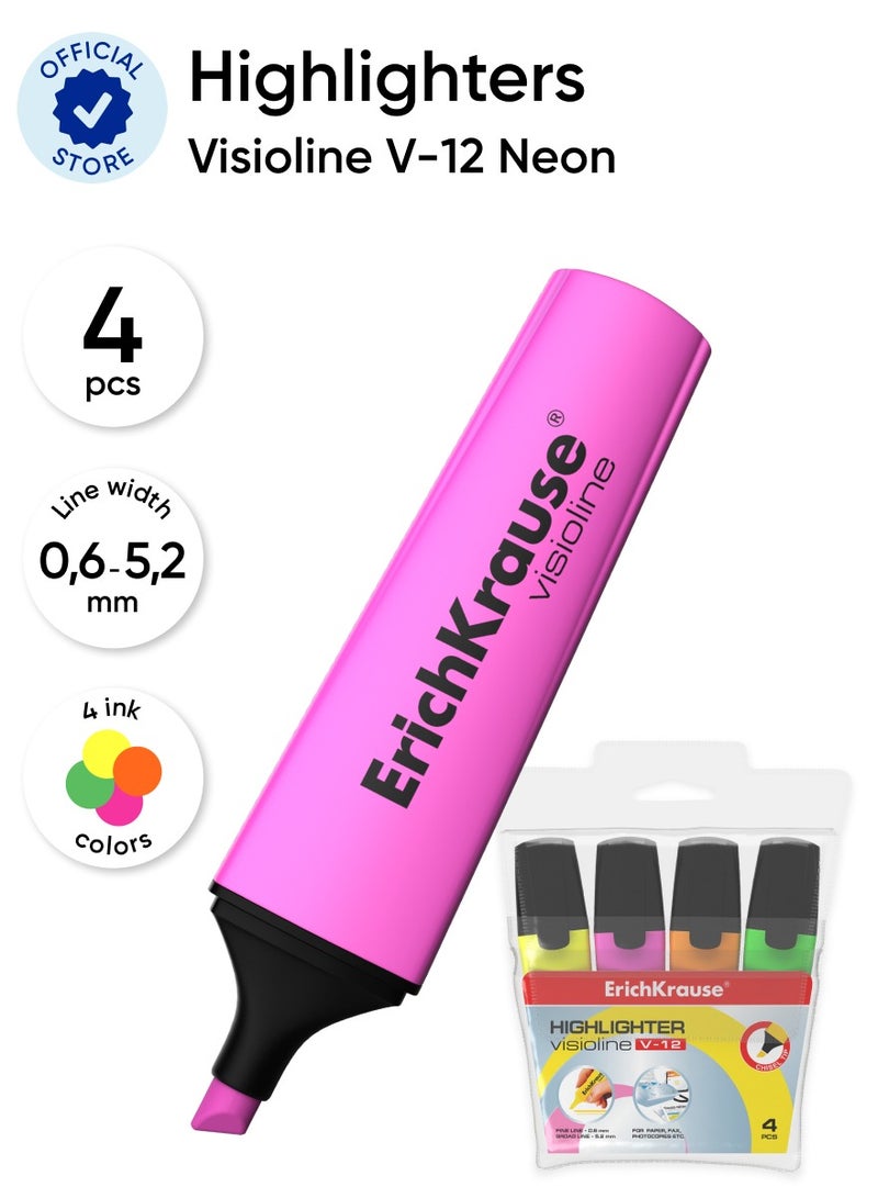 ErichKrause Set of 4 highlighters Visioline V-12, ink colors: yellow, green, pink, orange (pouch)  - Image 1