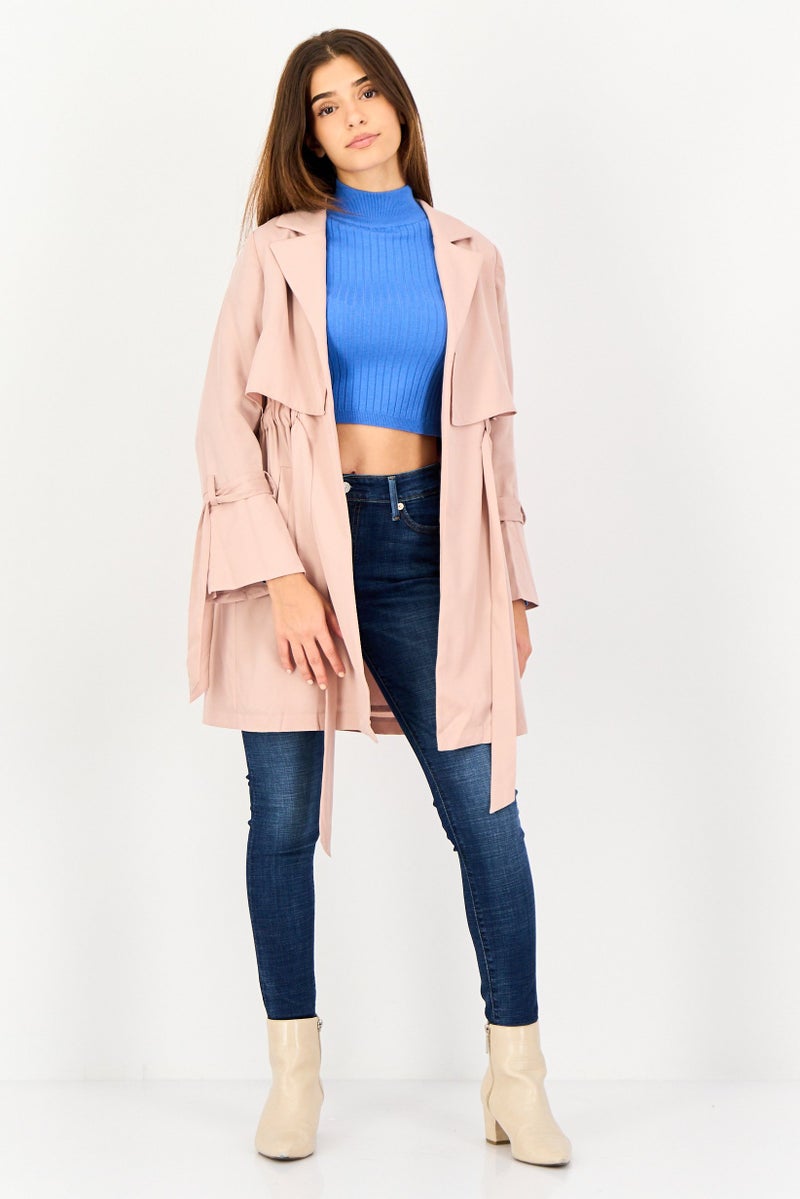 SELECTED Women Lapel Collar Solid Light Belted Trench Coat, Pale Pink - Image 2