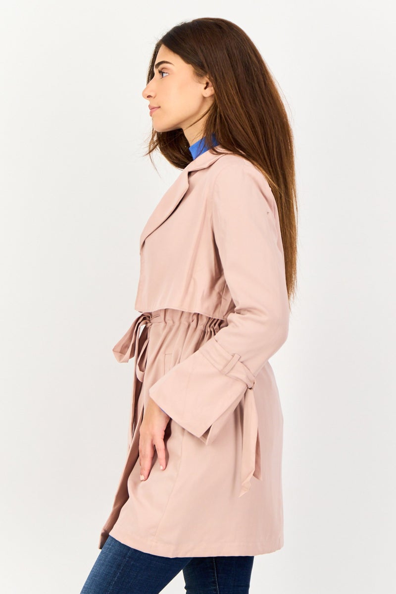 SELECTED Women Lapel Collar Solid Light Belted Trench Coat, Pale Pink - Image 3