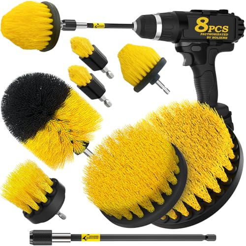 Holikme 8 Piece Drill Brush Attachments Set Power Scrubber with Extend Long AttachmentCleaning Supplies for Bathtub Shower Grout TileYellow