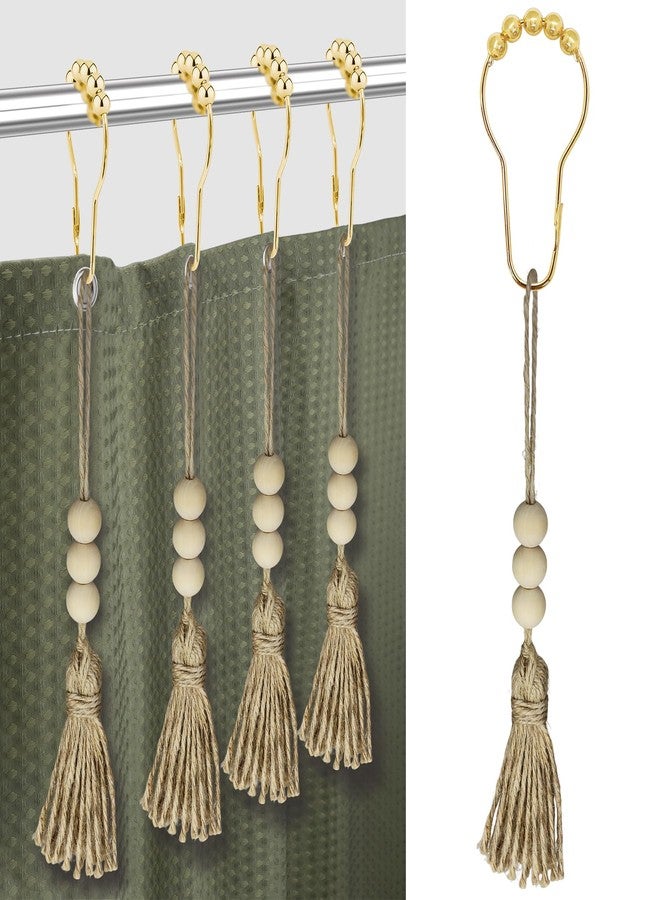 Yapicoco Boho Shower Curtain Rings for Bathroom Decor, Set of 12 Decorative Gold Shower Curtain Hooks with Wood Beads Tassel, Silent Smooth Stainless Steel Rust Resistant Shower Rings (Gold with Tassel) - Image 1
