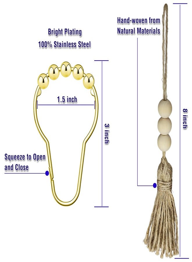 Yapicoco Boho Shower Curtain Rings for Bathroom Decor, Set of 12 Decorative Gold Shower Curtain Hooks with Wood Beads Tassel, Silent Smooth Stainless Steel Rust Resistant Shower Rings (Gold with Tassel) - Image 2