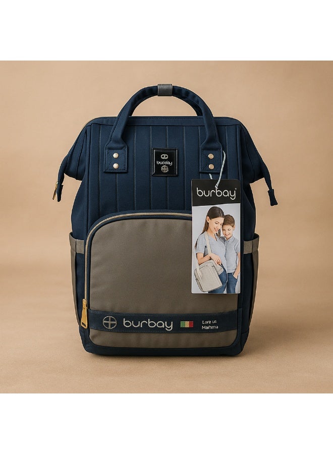 بورباي شنطة حفاضات ظهر Burbay بتصميم لونين (كحلي ورمادي) - عملية وأنيقة للأمهات - Image 1