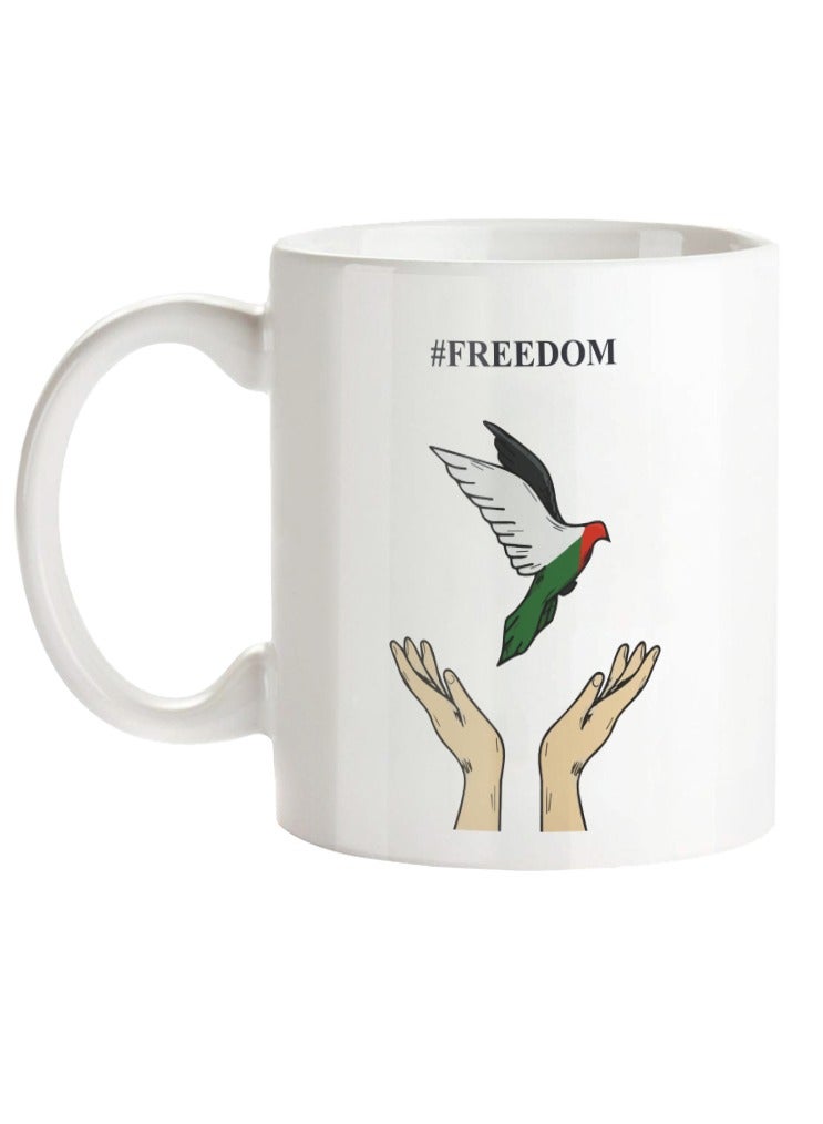 إم إي سي # كوب قهوة بتصميم الحرية فلسطين مطبوع على كلا الجانبين، مقبض أبيض 11 أونصة - Image 1