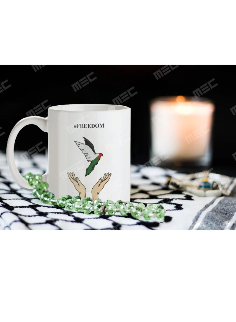 إم إي سي # كوب قهوة بتصميم الحرية فلسطين مطبوع على كلا الجانبين، مقبض أبيض 11 أونصة - Image 3