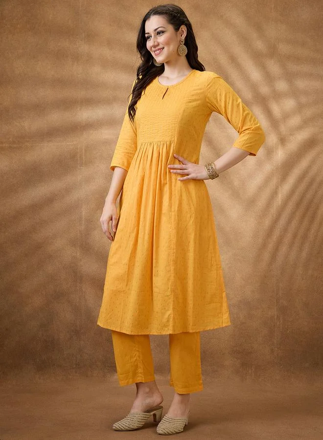 Globus Radiant Yellow Zari Embroidered Cotton Blend A-Line Kurta with Trousers