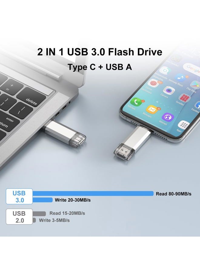 RAOYI 128 جيجابايت USB 3.0 نوع C مزدوج OTG فلاش درايف USB C ذاكرة فلاش للهواتف الذكية USB-C، ماك بوك الجديد والأجهزة اللوحية، سامسونج جالاكسي S8، S8 بلس، نوت 8، LG G6، V30، جوجل بيكسل XL، فضي - Image 3