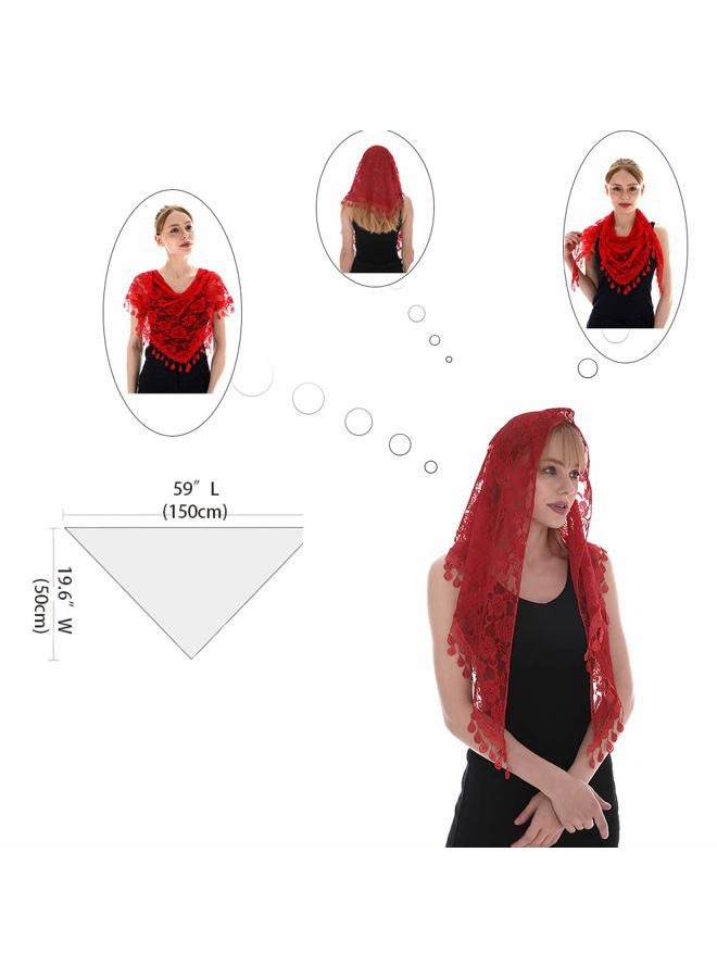 LMVERNA Lace Infinity Veils Mantilla Catholic Veil Church Veil Head Covering Latin Mass, Red, M - Image 2