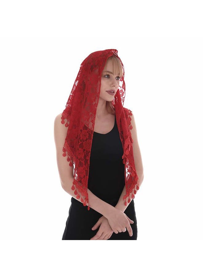 LMVERNA Lace Infinity Veils Mantilla Catholic Veil Church Veil Head Covering Latin Mass, Red, M - Image 1