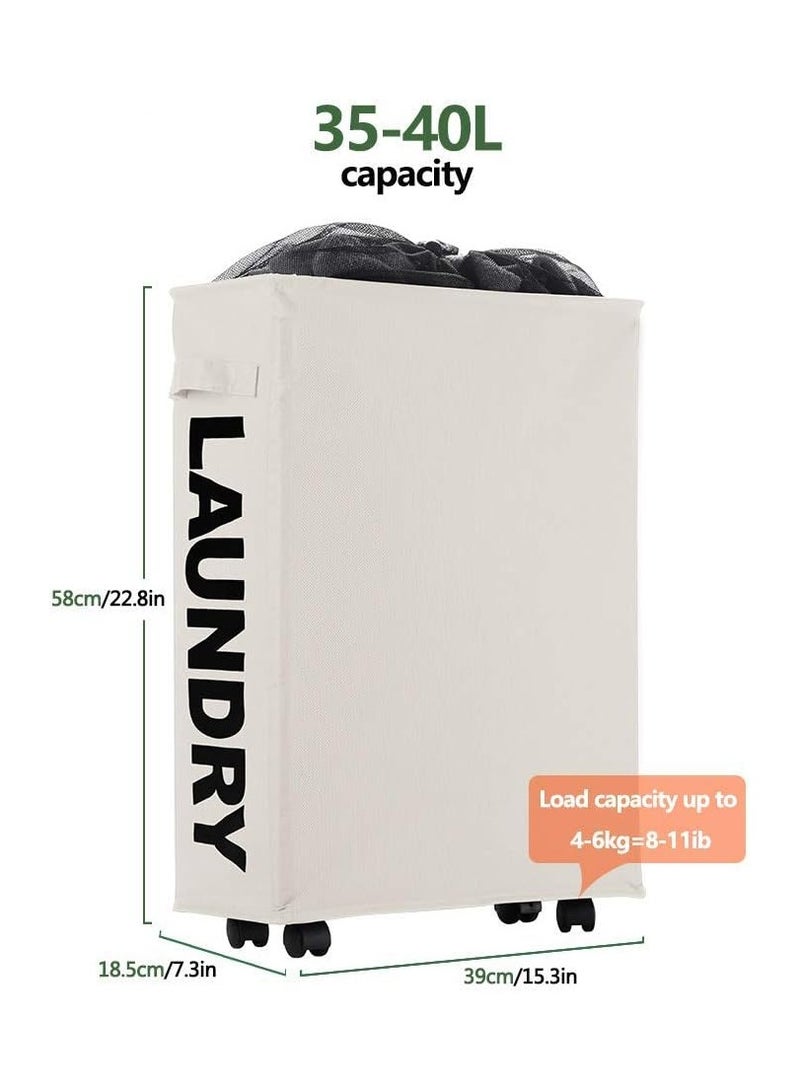 Arabest 40L Waterproof Laundry Basket on Wheels, Corner Storage Bag, Collapsible Slim Laundry Hamper Flexible Handle Laundry Box for Bedroom, Hotel (Beige)  - Image 2