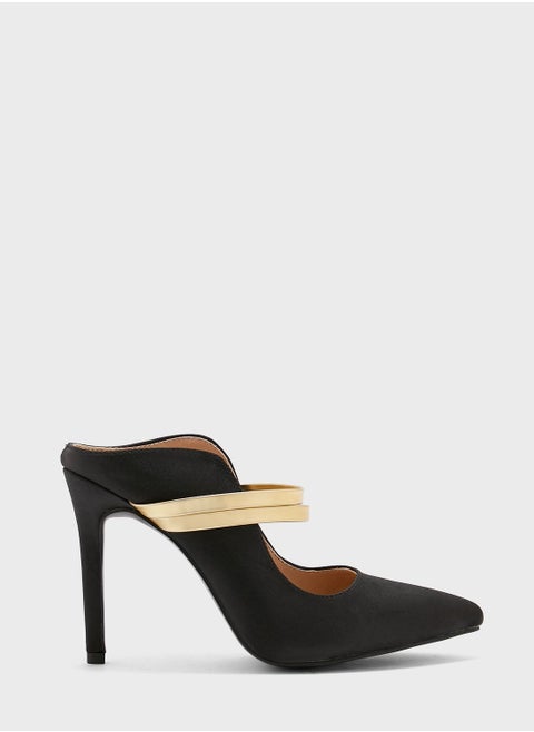 Satin Double Strap Curved Edge Slip-On Pointed Pu