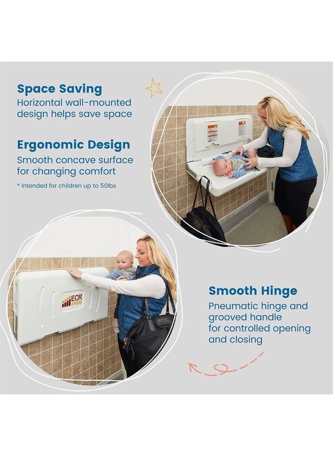 ECR4Kids - ELR-18004 Wall-Mounted Baby Changing Station, Horizontal Fold-Down Diaper Change Table with Safety Straps for Commercial Bathrooms, ADA and ANSI Compliant, Free Replacement Straps, White Gran - Image 1