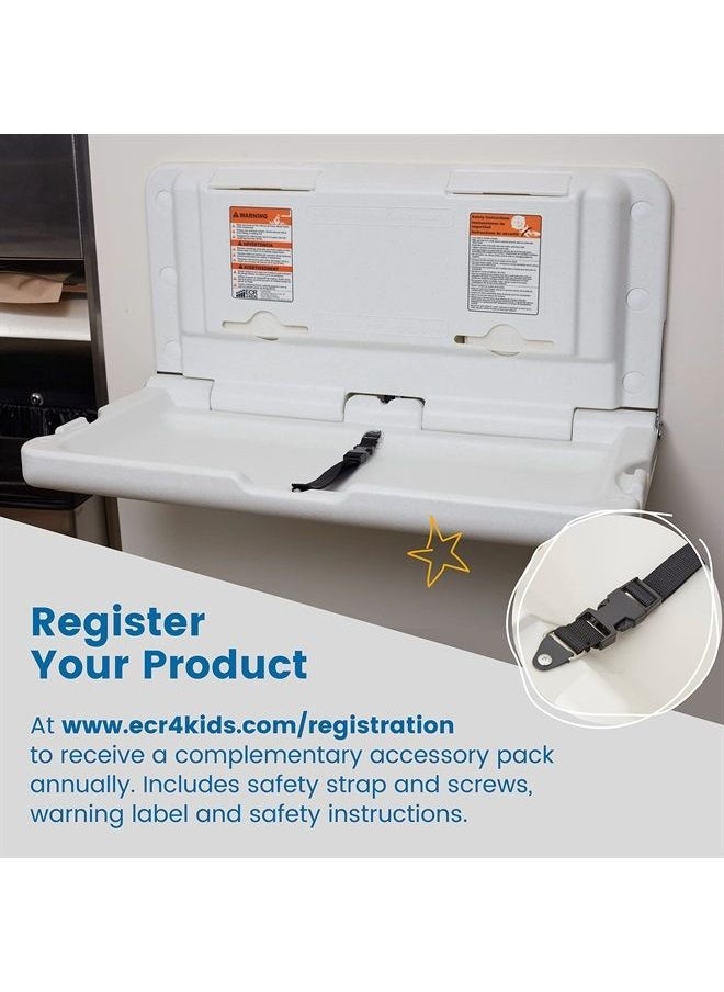 ECR4Kids - ELR-18004 Wall-Mounted Baby Changing Station, Horizontal Fold-Down Diaper Change Table with Safety Straps for Commercial Bathrooms, ADA and ANSI Compliant, Free Replacement Straps, White Gran - Image 1