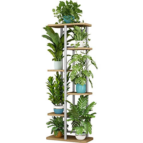 LINZINAR Plant Stand 6 Tier 7 Potted Multiple Flower Pot Holder Shelf Indoor Outdoor Planter Display Shelving for Patio Garden Corner Balcony Living Room (6 Tier-7 Potted, White) - Image 1