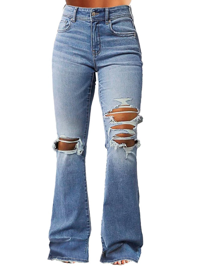 Flamingals Women's Bell Bottom Jeans Flared Ripped Stretchy Mid Rise Cut Out Distressed Denim Bootcut Jeans Mid Blue M - Image 1