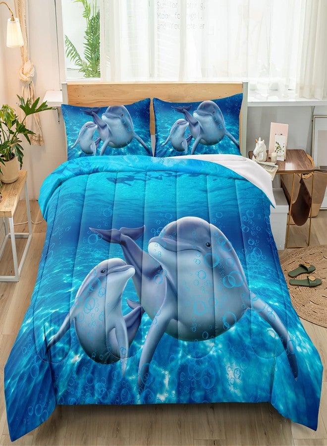 BDUCOK Dolphin Bedding Set Cute Dolphin Jumping Blue Ocean Animal Themed Comforter Set for Kids Boys Girls Adult Room Decor Dolphin Comforter Cover Queen Size 1 Comforter wiht 2 Pillowcases - Image 2