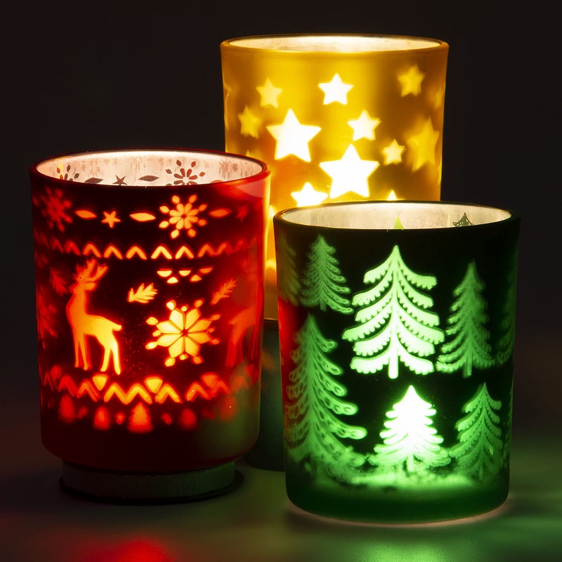 Rancco Tealight Candle Holders for Christmas 3 Color Indoor Xmas Decor Tea Light Candle Jar for Centerpieces  Party Decoration Votive Candle Holders wElk Christmas Tree Stars Designs33x26in