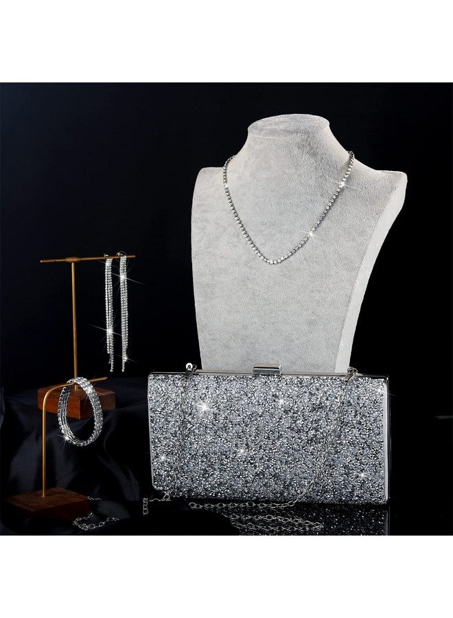 Kigeli Kigeli 4 Pieces Women Rhinestone Evening Clutch Bag Rhinestone Earring Bridal Wedding Necklace Bracelet Dangle Bling Glitter Purse (Silver) - Image 1