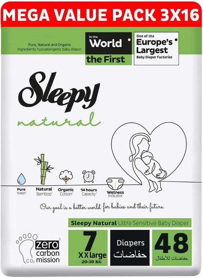 Sleepy - Pack Of 3 Natural Size 7, 3 X 16 Count, 20-30Kg Hypoallergenic Baby Dry Diapers, Organic Cotton, Highly Absorbent, Bamboo Extract, Ultimate Comfort And Dryness, 100% Leakage Protection - Image 1