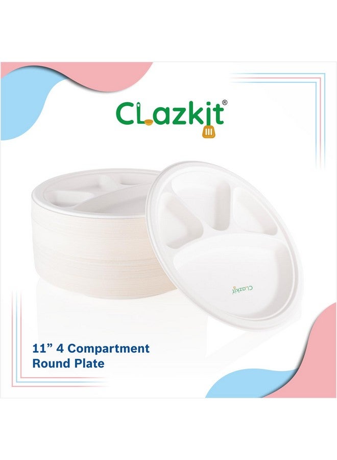 Clazkit أطباق بلاستيكية قابلة للتصرف من كلاس كيت 11 بوصة 50 حزمة، 4 أقسام | صديقة للبيئة، قابلة للتحلل، أطباق ورقية من قصب السكر | لتقديم العشاء | عيد ميلاد، زفاف وحفلة | دائري - Image 5