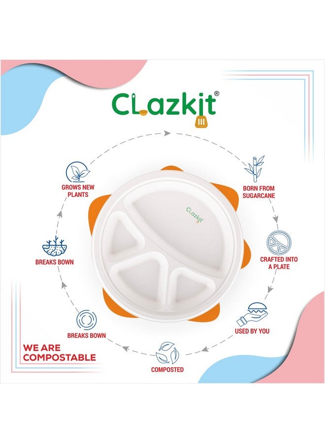 Clazkit أطباق بلاستيكية قابلة للتصرف من كلاس كيت 11 بوصة 50 حزمة، 4 أقسام | صديقة للبيئة، قابلة للتحلل، أطباق ورقية من قصب السكر | لتقديم العشاء | عيد ميلاد، زفاف وحفلة | دائري - Image 2