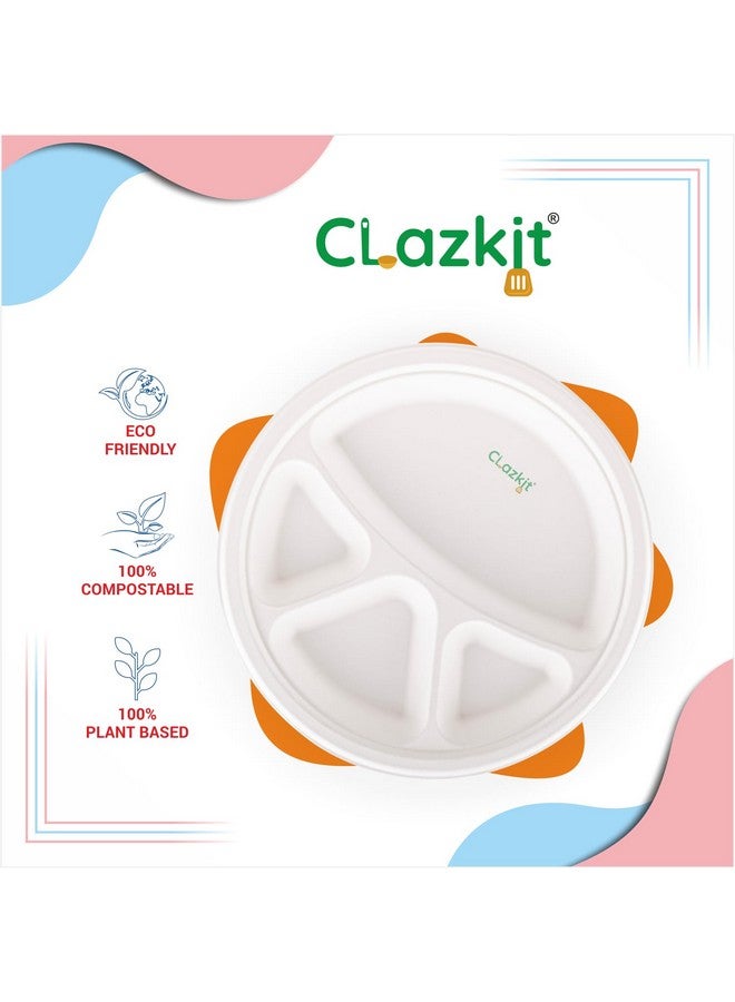Clazkit أطباق بلاستيكية قابلة للتصرف من كلاس كيت 11 بوصة 50 حزمة، 4 أقسام | صديقة للبيئة، قابلة للتحلل، أطباق ورقية من قصب السكر | لتقديم العشاء | عيد ميلاد، زفاف وحفلة | دائري - Image 3