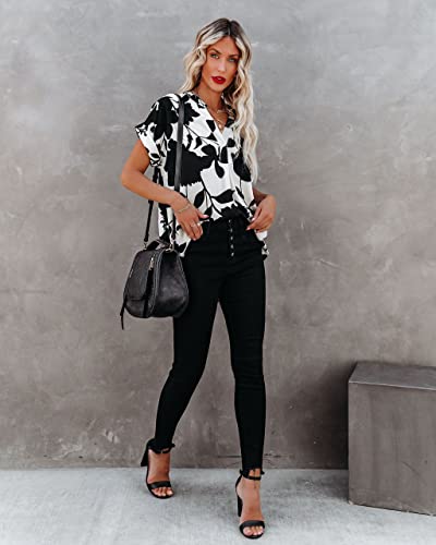 ANCAPELION Women’s Summer Chiffon Blouse Casual Short Sleeve V Neck Shirt Loose Printed Cuffed Sleeve Tunic Tops for Women Black White Printed Large - Image 4
