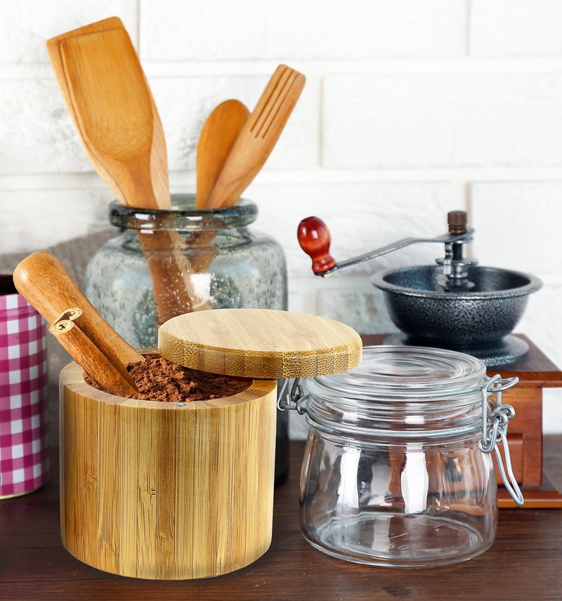 إستلو Estilo Premium Bamboo Salt و Pepper Bowls حاويات التوابل الخشبية مع أغطية دوارة مغناطي - Image 4