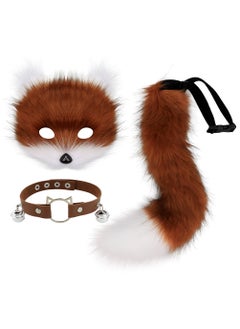 Halloween Fox Half-Face Mask Set with Plush Tail and Beast Ears Red, brown and white three-piece set