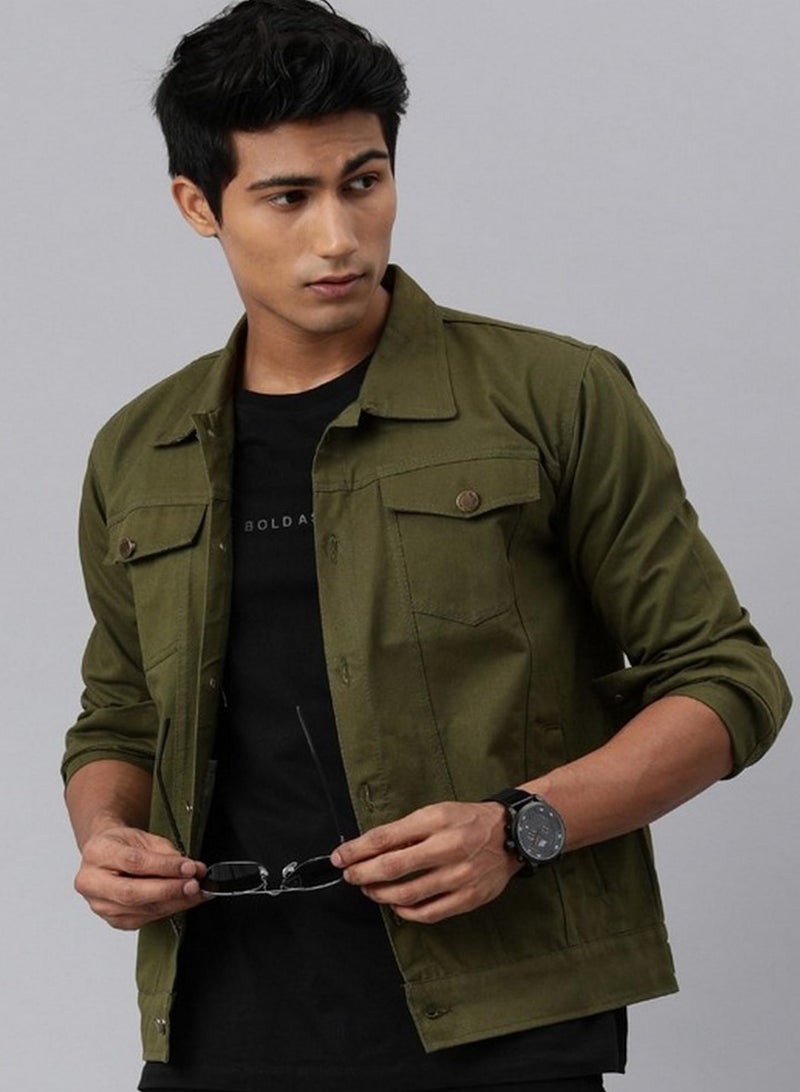 VOGATI Men's Denim Jacket kjt210vogf-m_Olive_M - Image 2