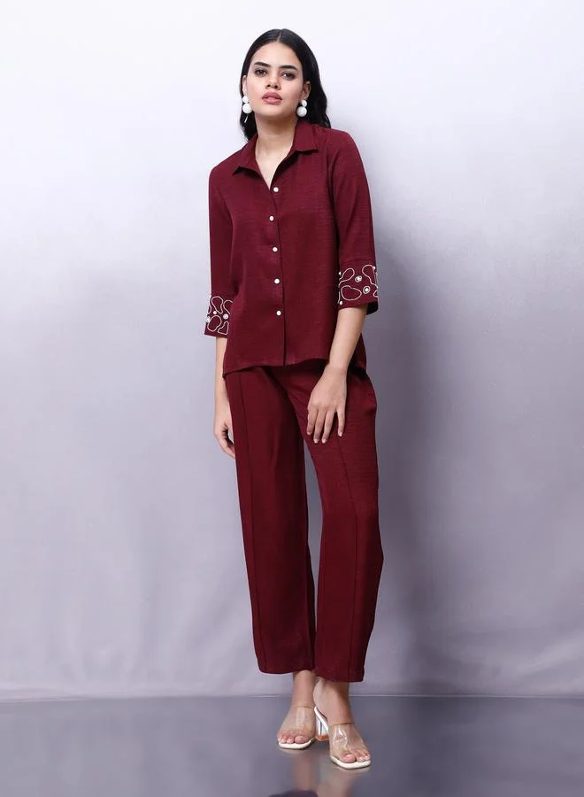 Athena Maroon Embellished Shirt with Trousers Co-Ords