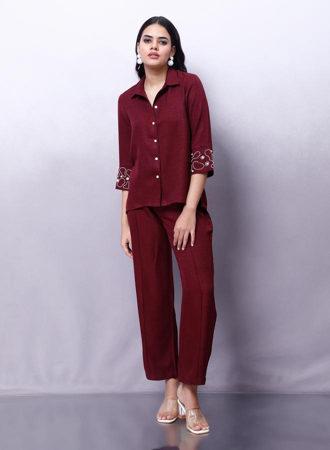 Athena Maroon Embellished Shirt with Trousers Co-Ords - Image 1