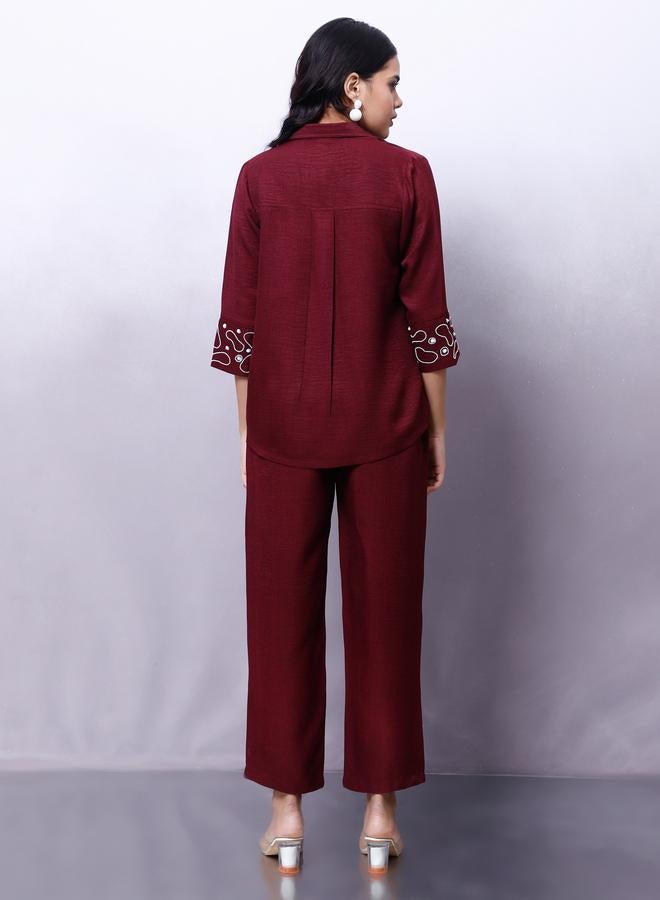 Athena Maroon Embellished Shirt with Trousers Co-Ords - Image 4