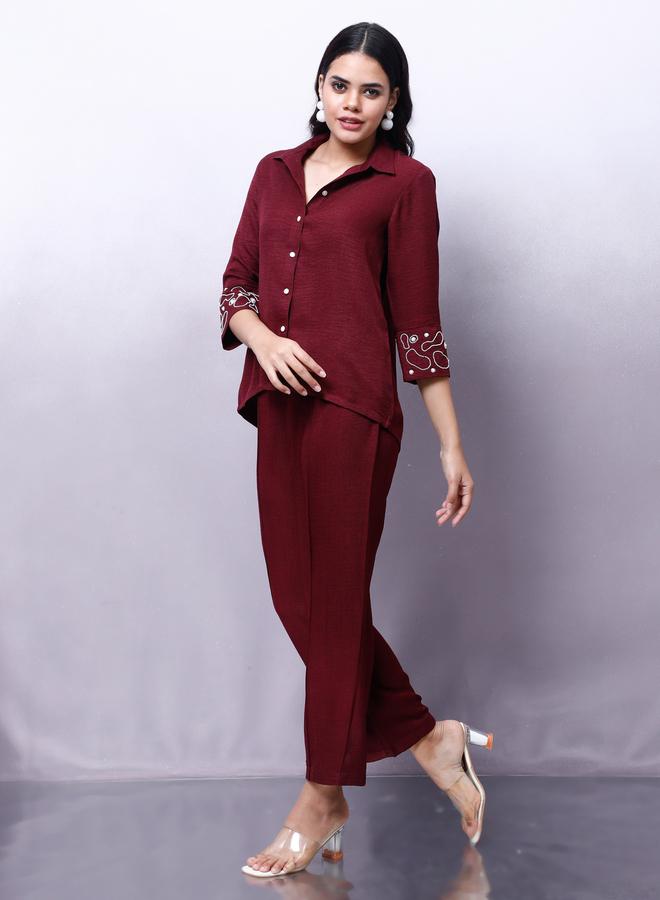 Athena Maroon Embellished Shirt with Trousers Co-Ords - Image 3