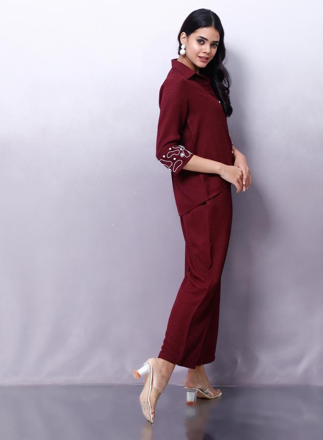 Athena Maroon Embellished Shirt with Trousers Co-Ords - Image 5