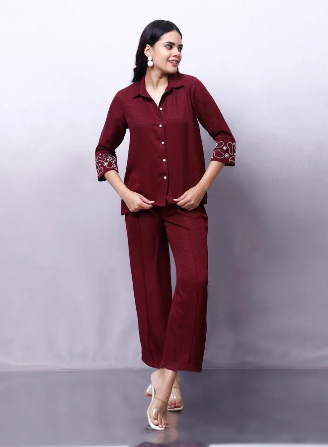 Athena Maroon Embellished Shirt with Trousers Co-Ords