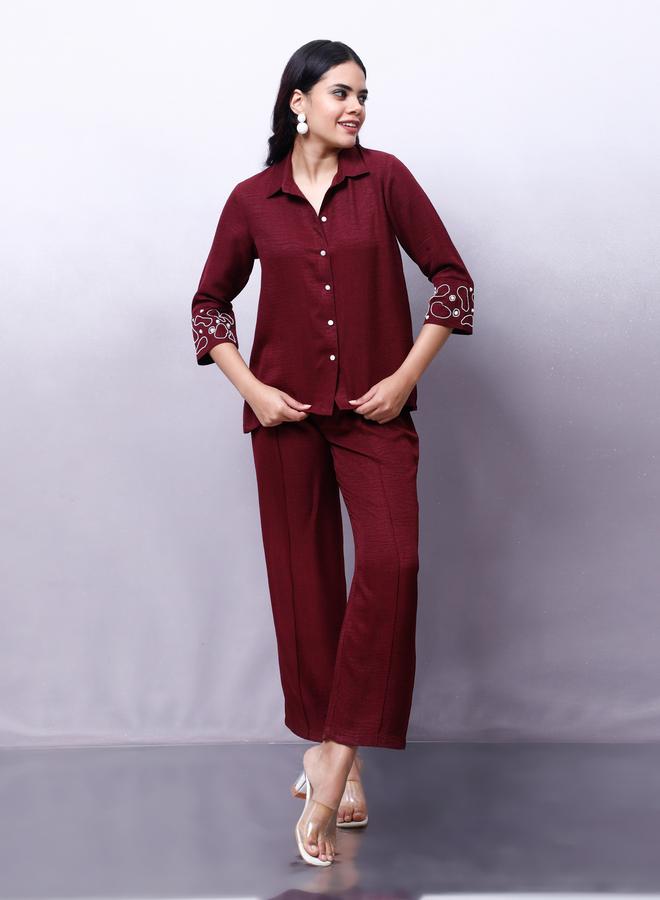 Athena Maroon Embellished Shirt with Trousers Co-Ords - Image 2