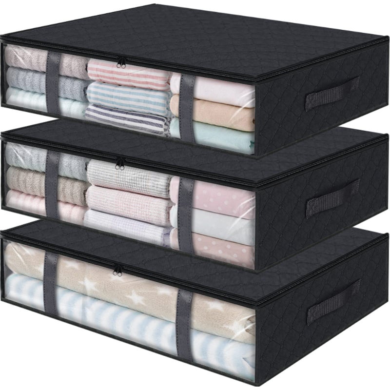 StorageRight Storage Bins Foldable Blanket Bags Under Bed Containers for Organizing Clothing Bedroom Comforter Closet Dorm Quilts Organizer 3Pack Black 