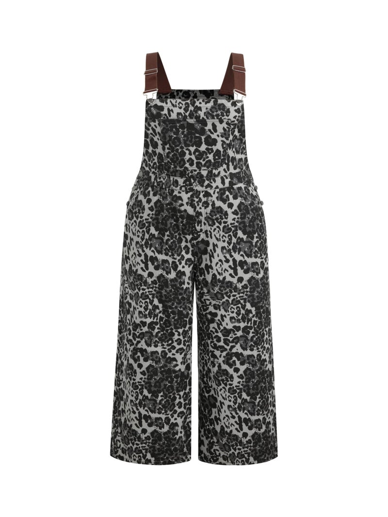 CIDER Denim Jumpsuit For Women Overalls Leopard Print Wide Leg Button Pocket Middle Waist Curve & Plus Size - Image 1