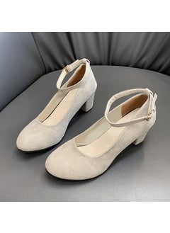 Fashionable Womens High Heels 2024 Spring Autumn New Style One-Row Buckle Thick Heel Single Shoe Velvet Surface Wedding Shoe Beige