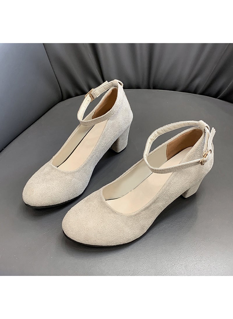 Generic - Fashionable Womens High Heels 2024 Spring Autumn New Style One-Row Buckle Thick Heel Single Shoe Velvet Surface Wedding Shoe Beige - Image 1