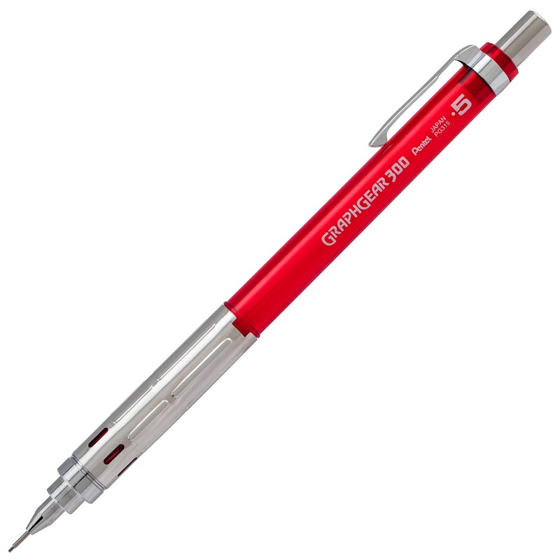 Pentel قلم رصاص ميكانيكي بنتل جراف جير 300، علبة من 12 قلم رصاص، أحمر، 0.5 مم - Image 1